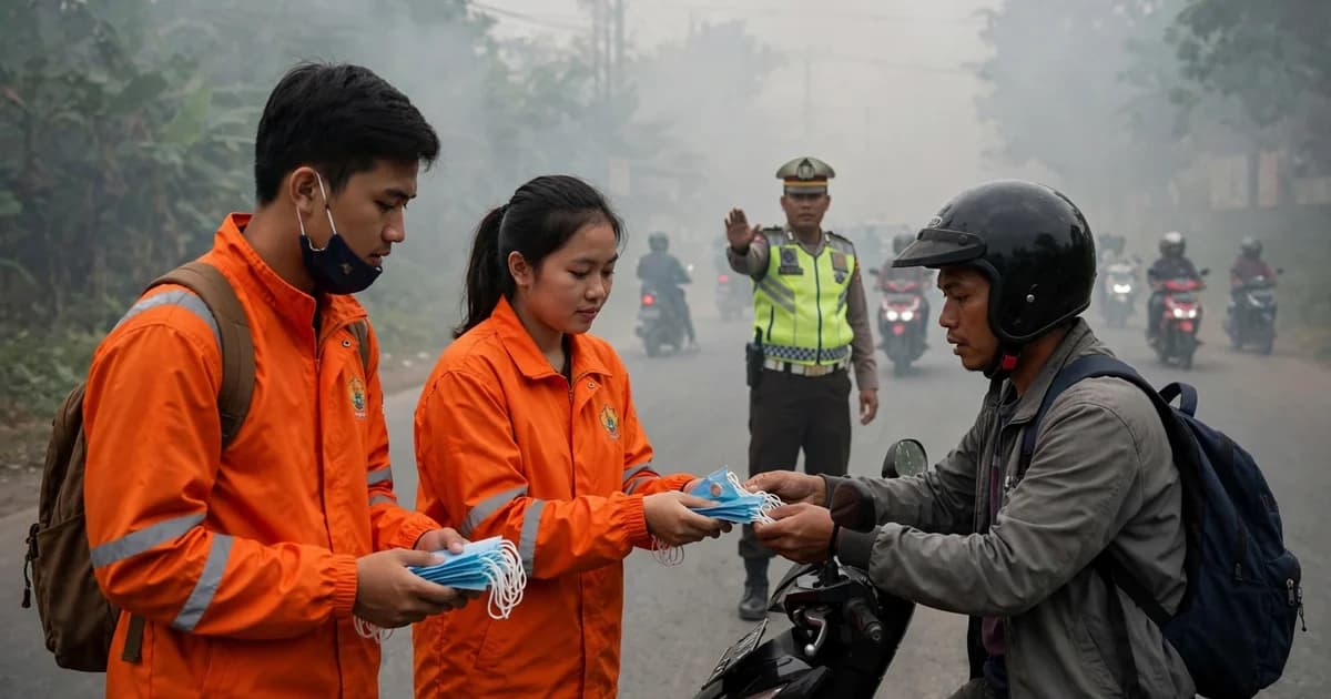Kabut Asap Menebal, Pemuda Pancasila Babalan Bagikan Masker Gratis ke Pengguna Jalan