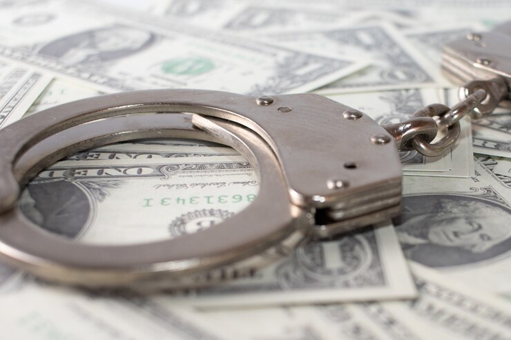 closeup view metal handcuffs dollars